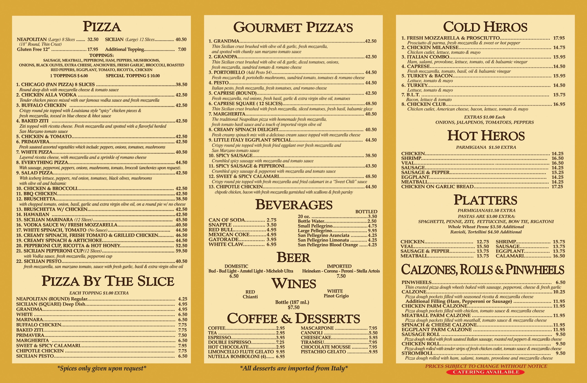 Back page of the Little Italy Pizza on 45th menu, listing catering trays, appetizers, salads, pasta, baked pasta, cold cuts, and store contact details