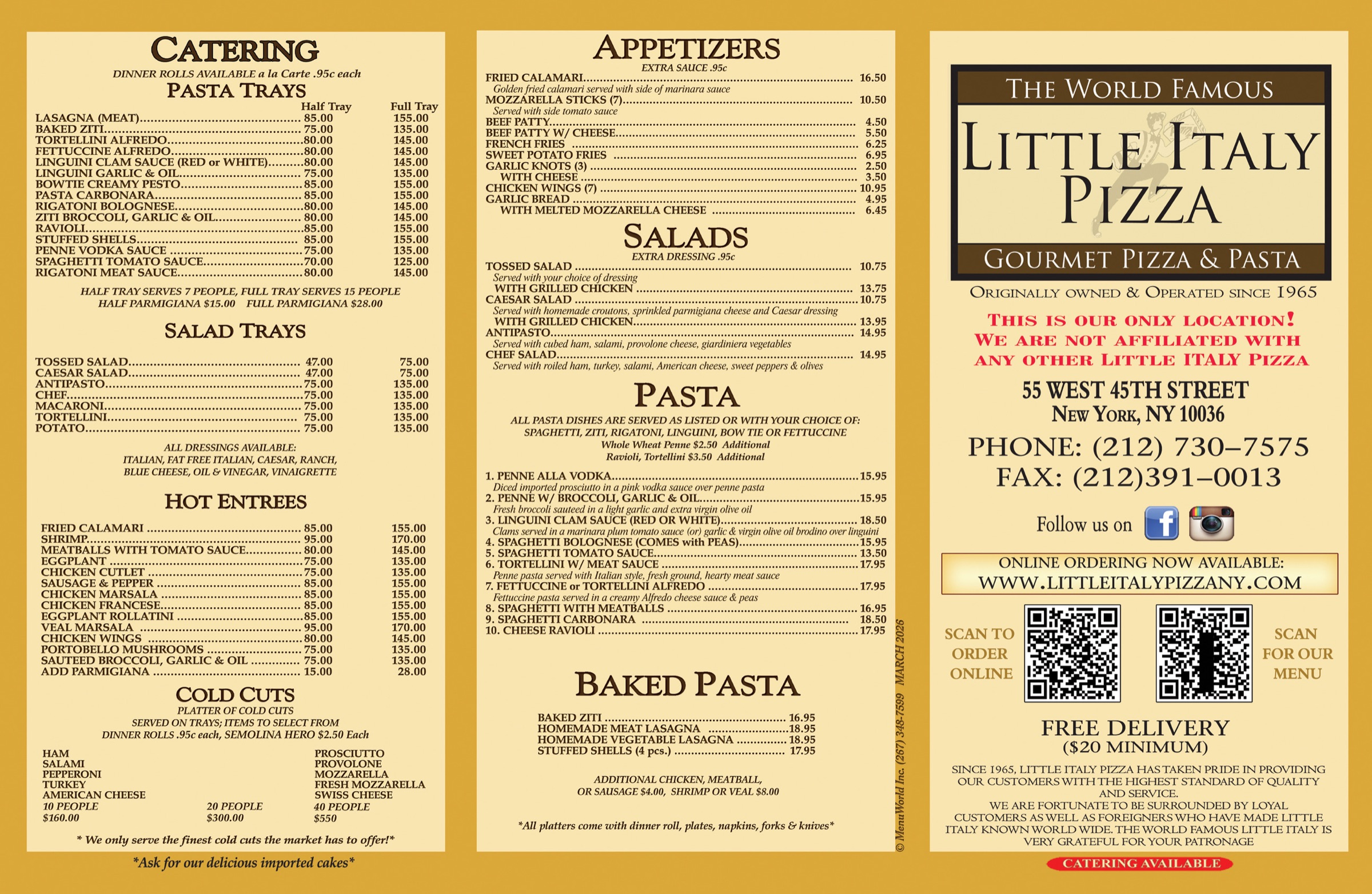 Front page of the Little Italy Pizza on 45th menu, listing pizzas, gourmet pizzas, pizza by the slice, cold and hot heros, platters, calzones, beverages, beer, wine, coffee and desserts