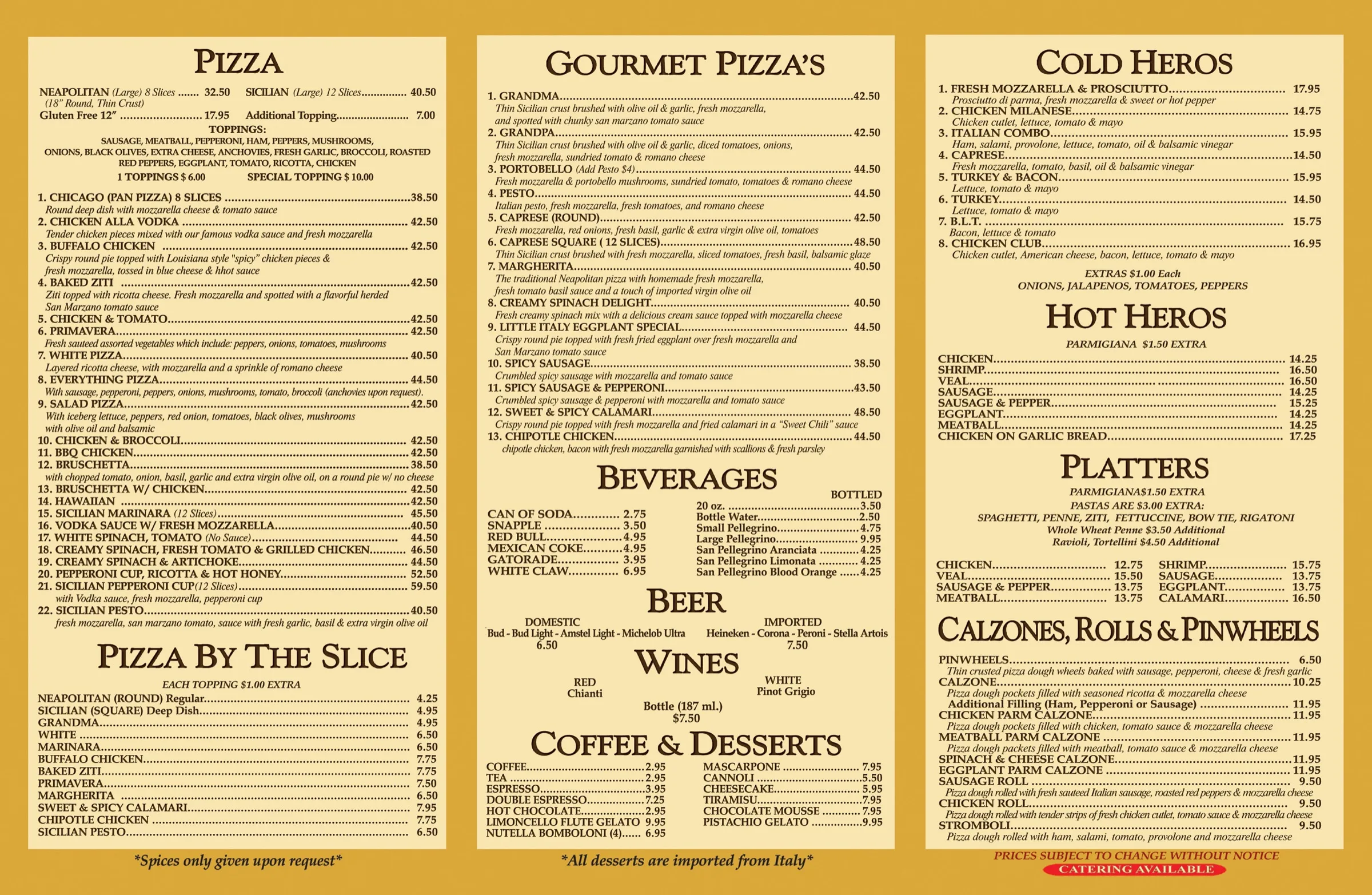 Back page of the Little Italy Pizza on 45th menu, listing catering trays, appetizers, salads, pasta, baked pasta, cold cuts, and store contact details