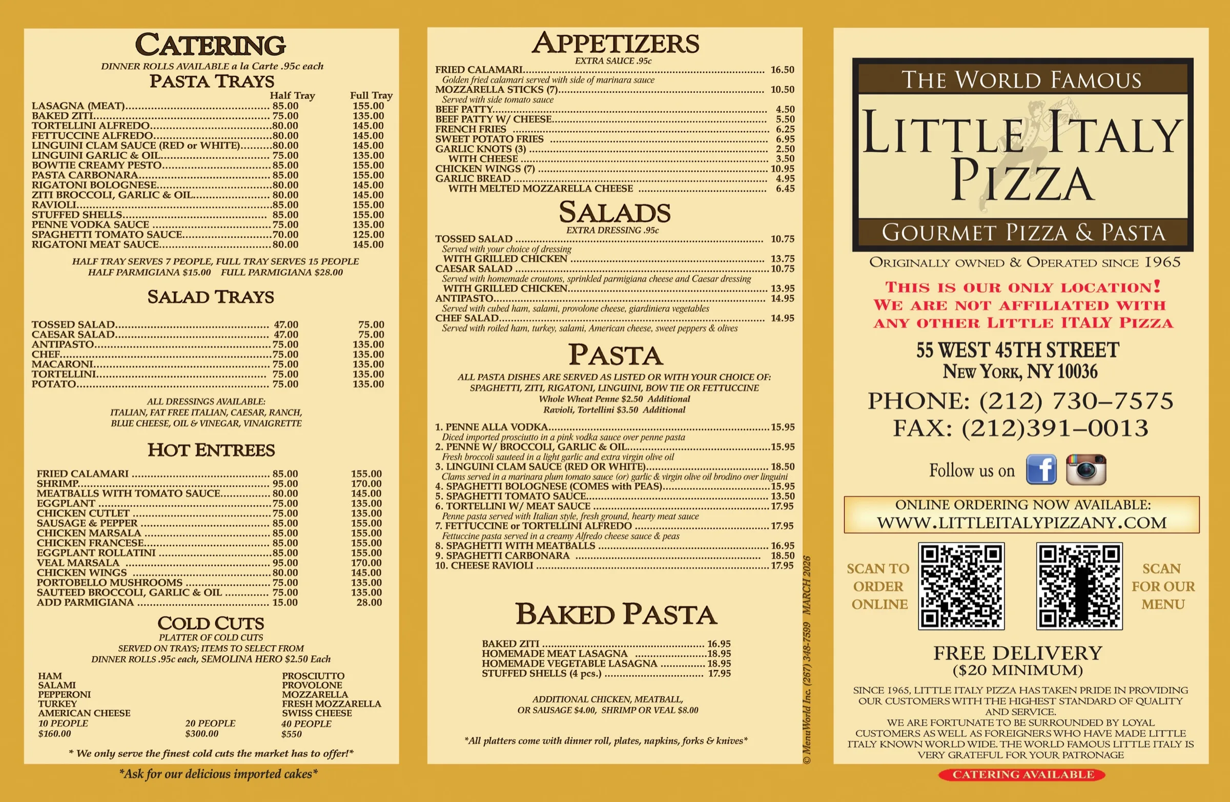 Front page of the Little Italy Pizza on 45th menu, listing pizzas, gourmet pizzas, pizza by the slice, cold and hot heros, platters, calzones, beverages, beer, wine, coffee and desserts